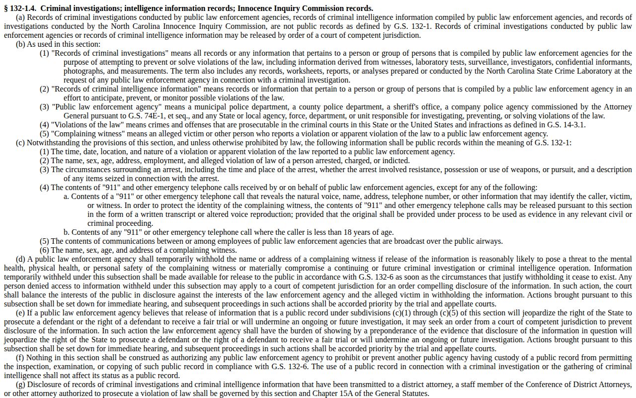 North Carolina public-record statute showing the arrest-information and investigative-record distinction