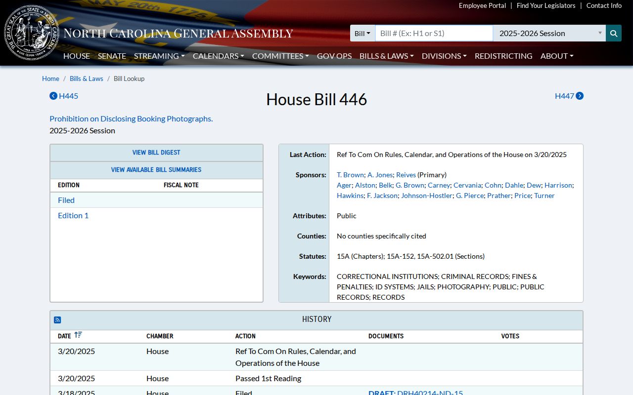 North Carolina 2025 bill page proposing booking photo disclosure limits