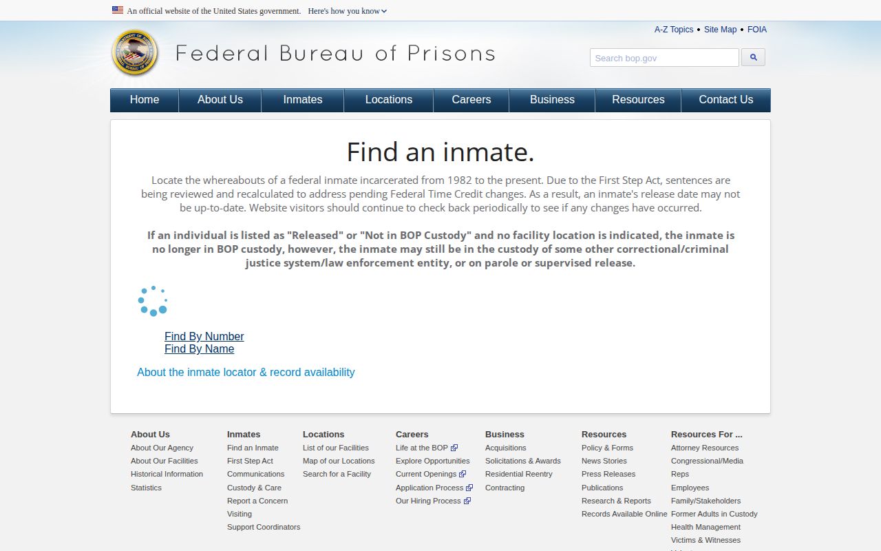 Federal inmate locator form for name or register number, not a mugshot search