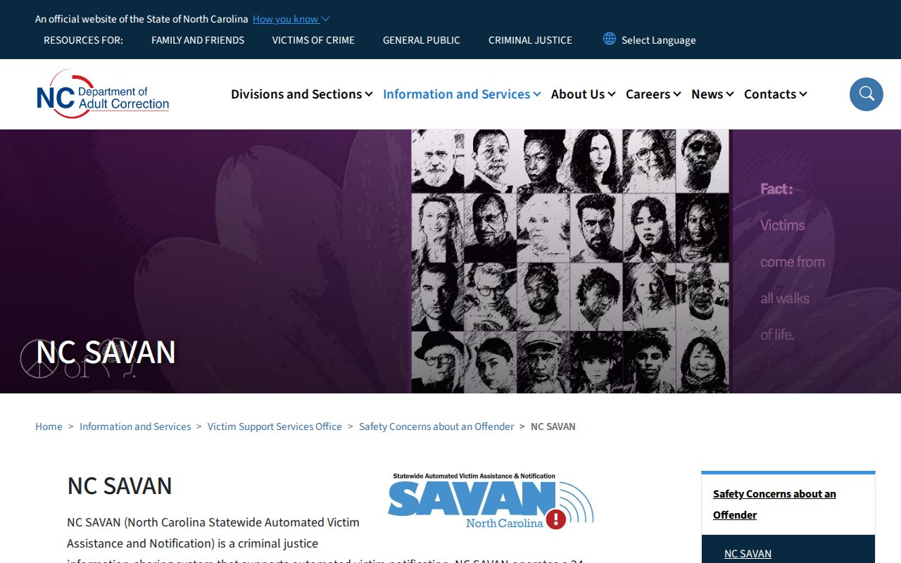 North Carolina SAVAN custody notification information page