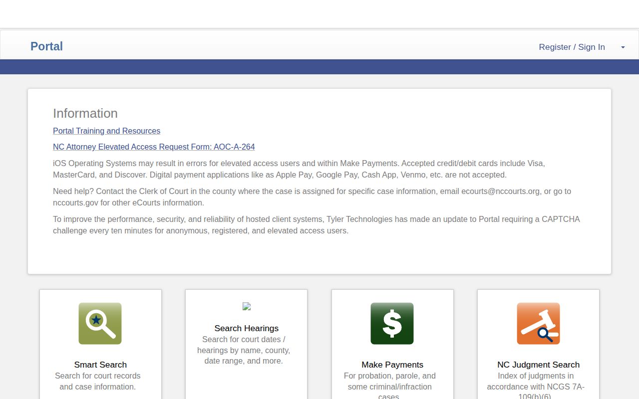North Carolina eCourts public case portal with Smart Search tools