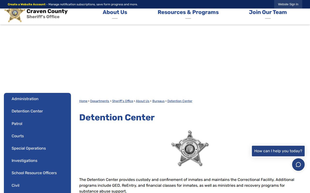 North Carolina county detention page with links for active bookings and housed inmates