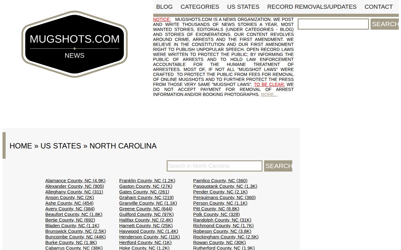 Unofficial North Carolina mugshot aggregator index with its own editorial notice