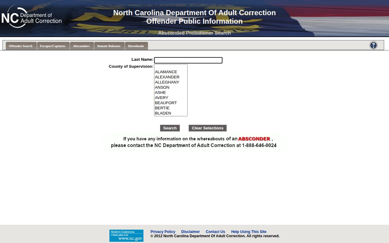 North Carolina state absconder search form with name and county of supervision fields