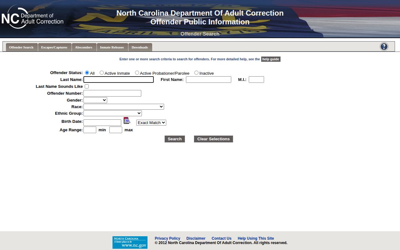 North Carolina NCDAC offender search form with status and identifying fields