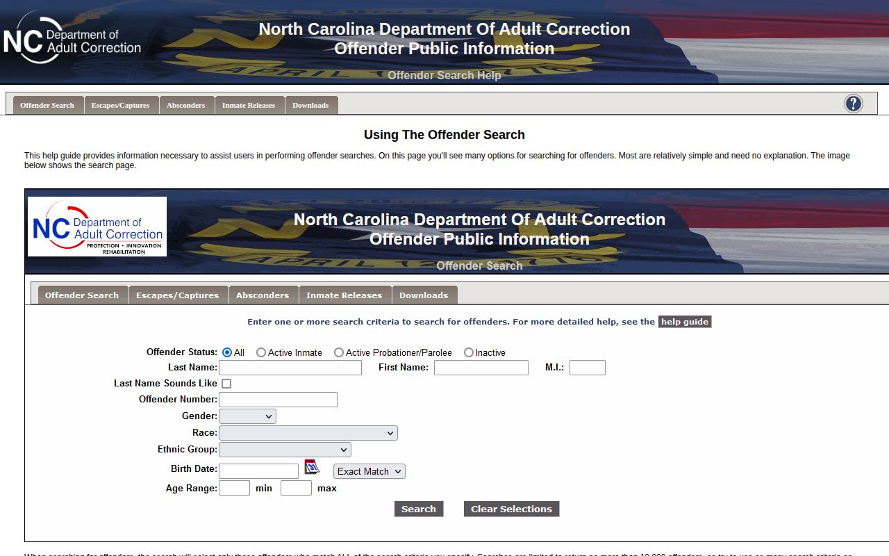 North Carolina state offender search help showing available identity and date filters
