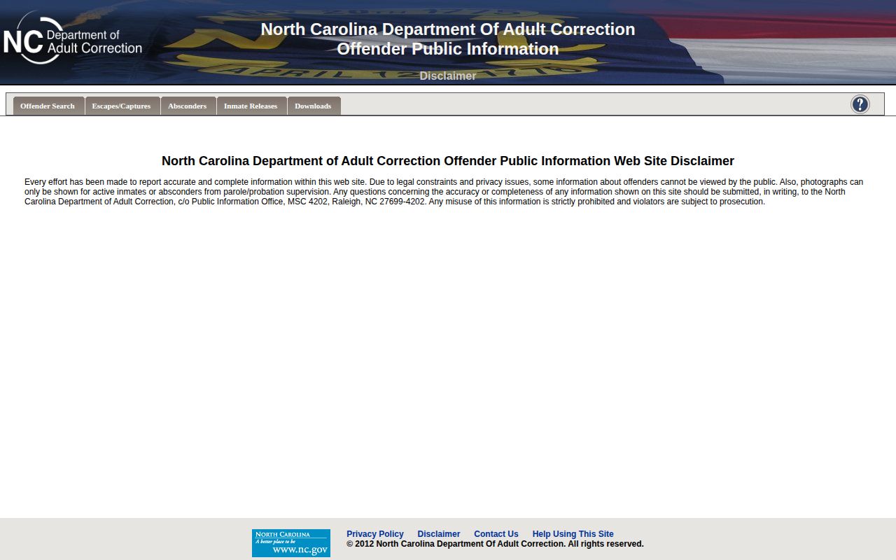 North Carolina NCDAC public information disclaimer on active inmate and absconder photos