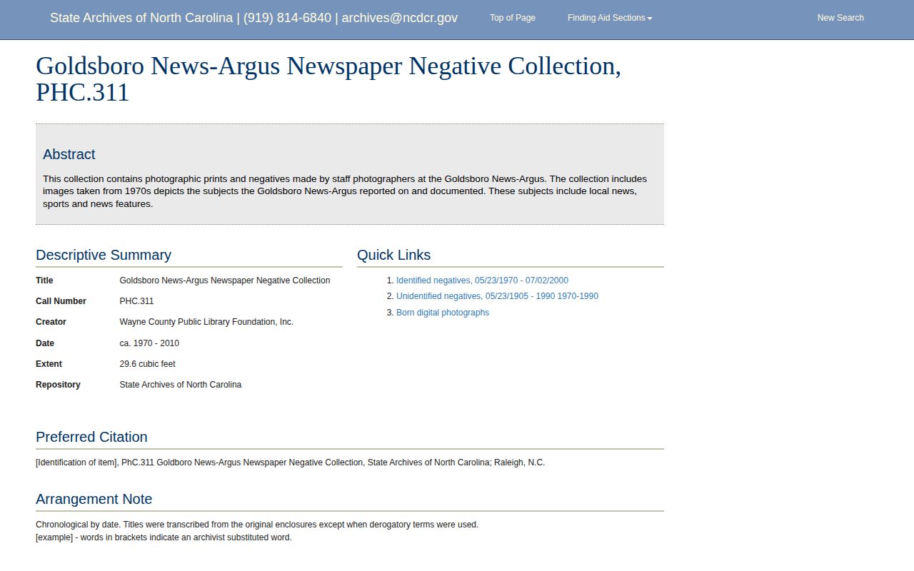 North Carolina State Archives finding aid for a historical newspaper image collection