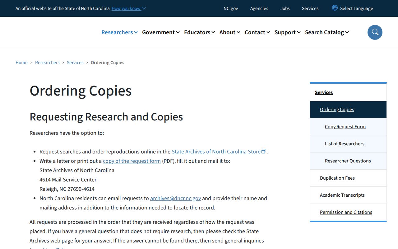North Carolina State Archives copy-ordering page for historical records